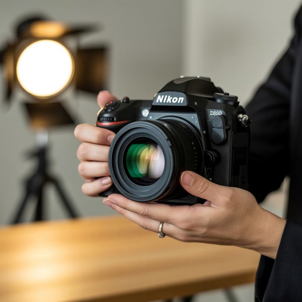 aparat Nikon z widocznym przyciskiem lampy błyskowej